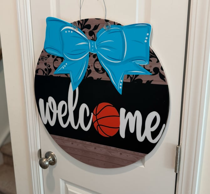Basketball Welcome with Bow (Carolina Blue) Door Hanger