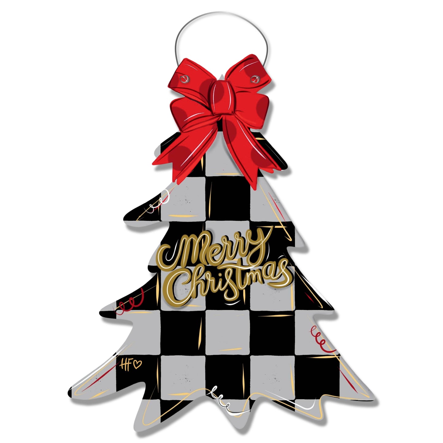 Black & White Checkerboard Christmas Tree Ribbon Door Hanger