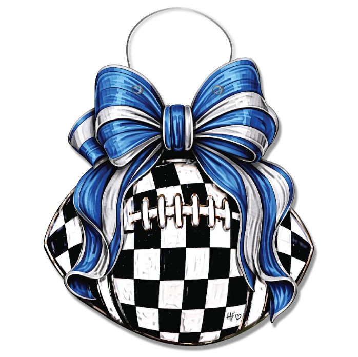 Checkered Football Bows Blue Silver Door Hanger