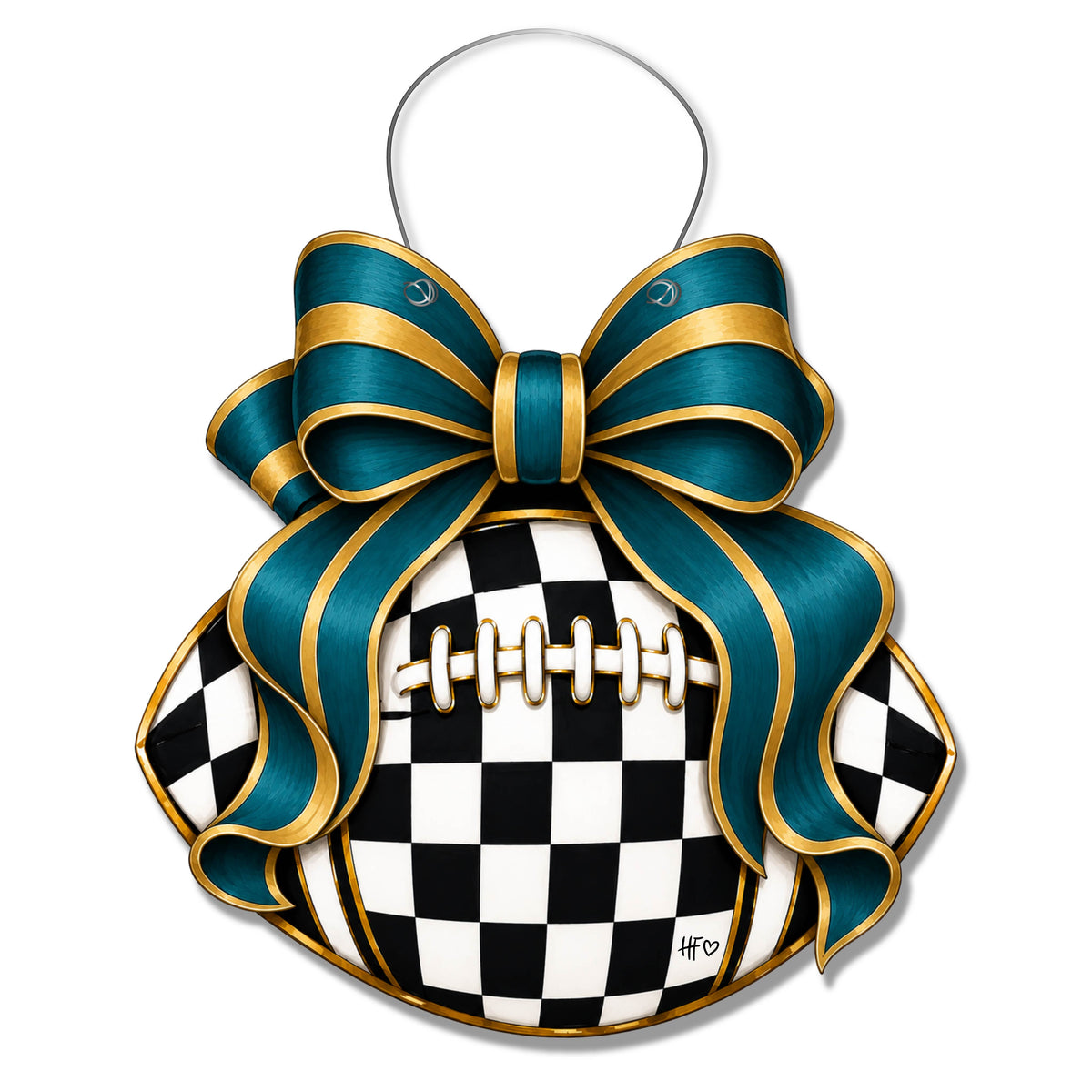 Checkered Football Bows Dark Teal Gold Door Hanger