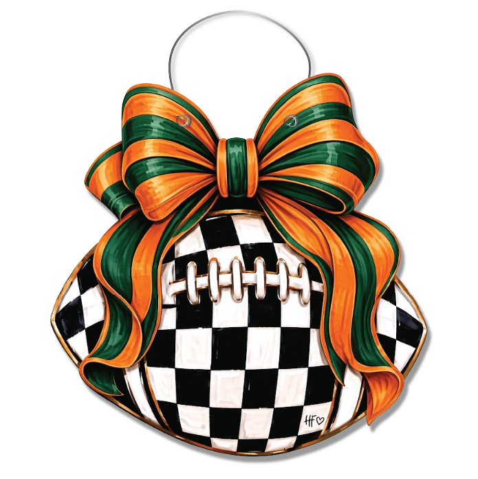 Checkered Football Bows Green Orange Door Hanger