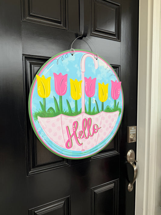 Rainy Day Spring Tulips Door Hanger