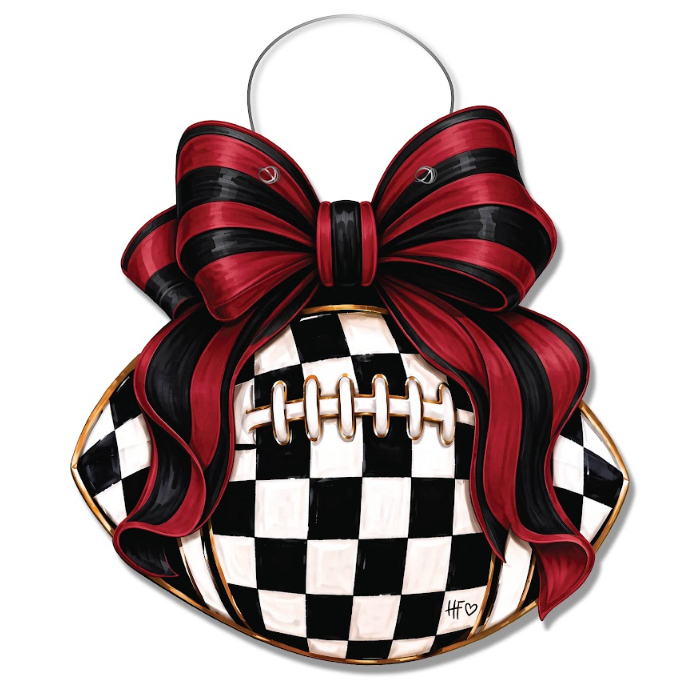 Checkered Football Bows Muted Red Black Door Hanger