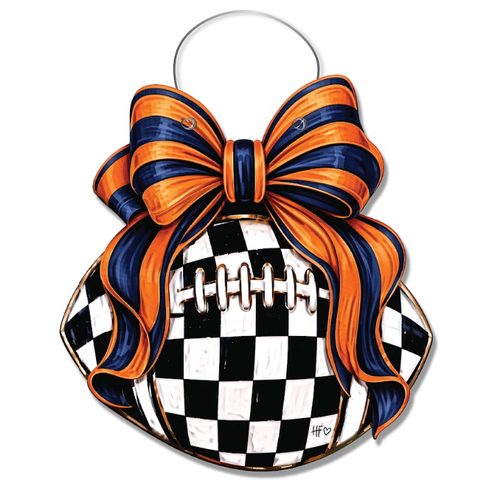 Checkered Football Bows Navy Orange Door Hanger