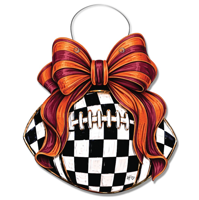 Checkered Football Bows Garnet & Orange Door Hanger