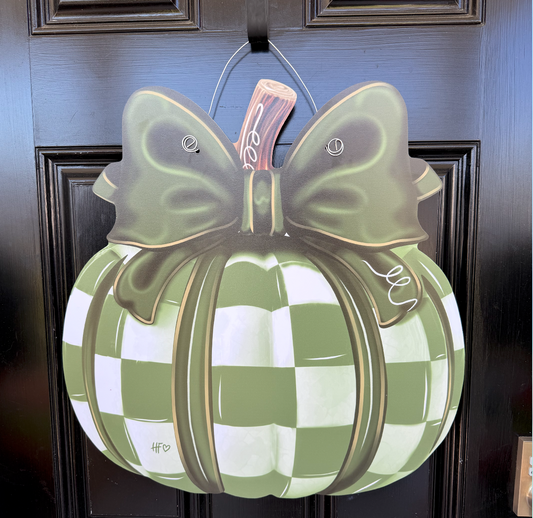 Sage Green Checkered Pumpkin Door Hanger