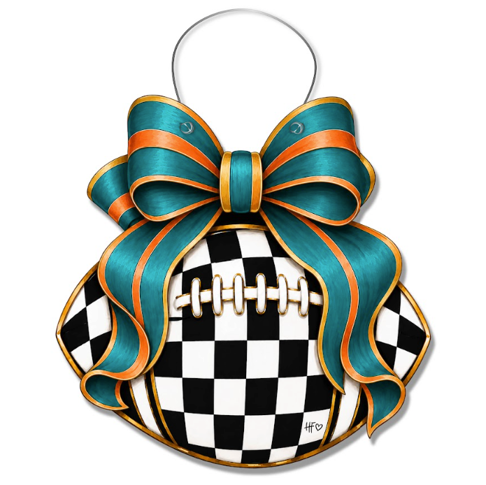 Checkered Football Bows Teal Orange Door Hanger