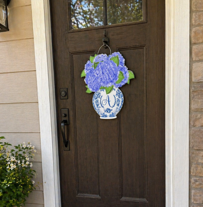 Custom Text Chinoiserie Hydrangea Vase Door Hanger