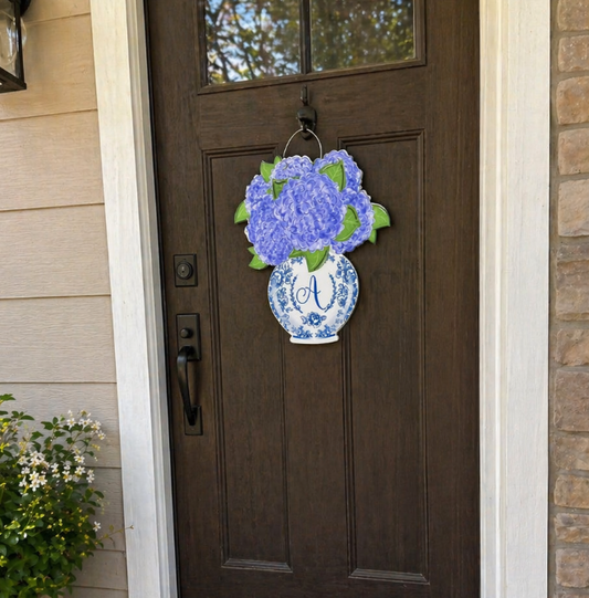 Custom Text Chinoiserie Hydrangea Vase Door Hanger