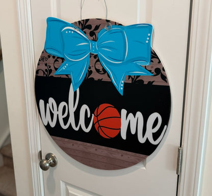 Basketball Welcome with Bow (Carolina Blue) Door Hanger