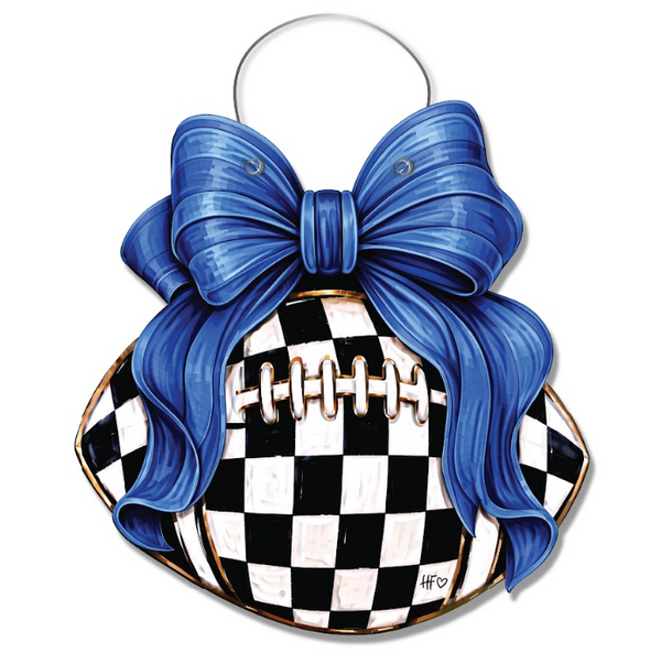 Checkered Football Bows All Blue Door Hanger