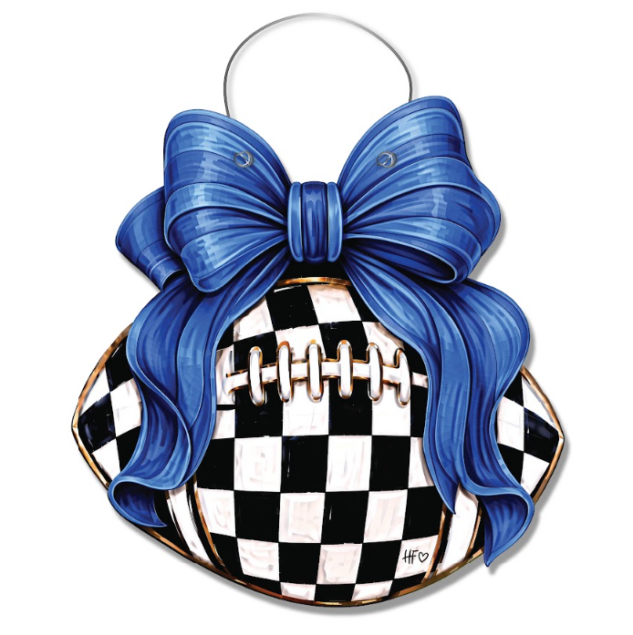 Checkered Football Bows All Blue Door Hanger