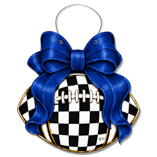 Checkered Football Bows All Blue Door Hanger