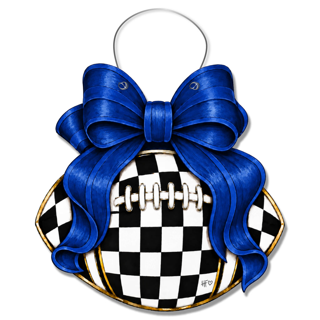Checkered Football Bows All Blue Door Hanger