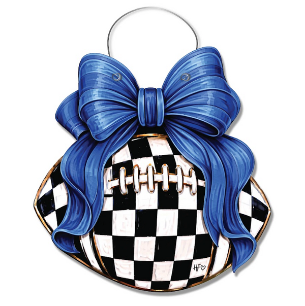Checkered Football Bows All Blue Door Hanger