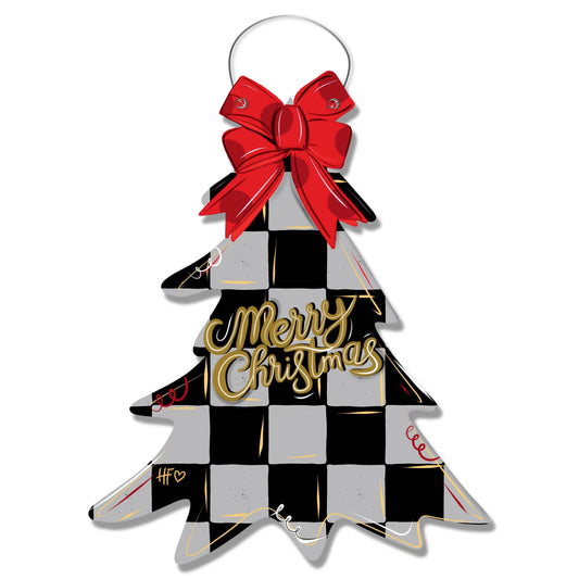Black & White Checkerboard Christmas Tree Ribbon Door Hanger