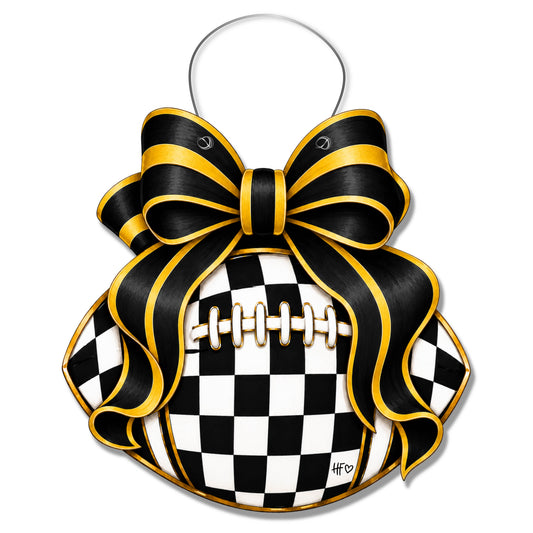 Checkered Football Bows Black Yellow Door Hanger
