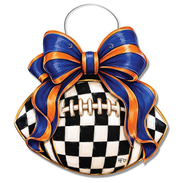 Checkered Football Bows Blue Orange Door Hanger