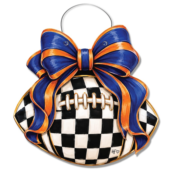 Checkered Football Bows Blue Orange Door Hanger