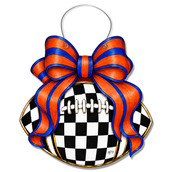 Checkered Football Bows Blue Orange Door Hanger