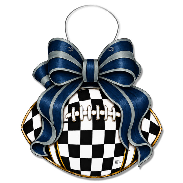 Checkered Football Bows Blue Silver Door Hanger