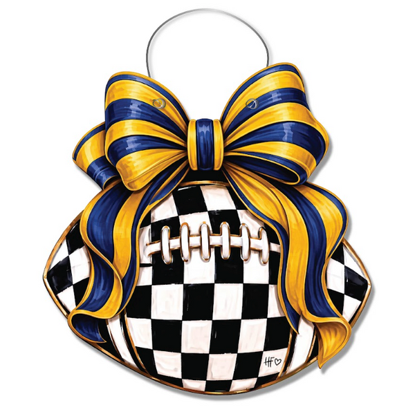Checkered Football Bows Blue Yellow Door Hanger