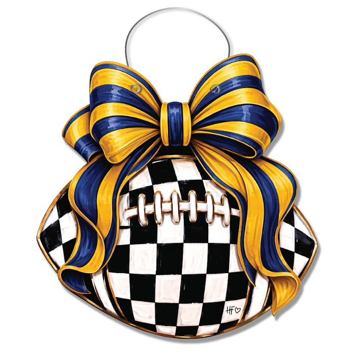Checkered Football Bows Blue Yellow Door Hanger