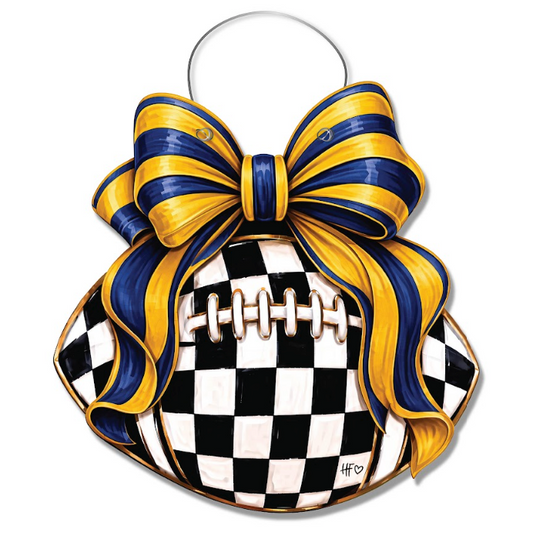 Checkered Football Bows Blue Yellow Door Hanger