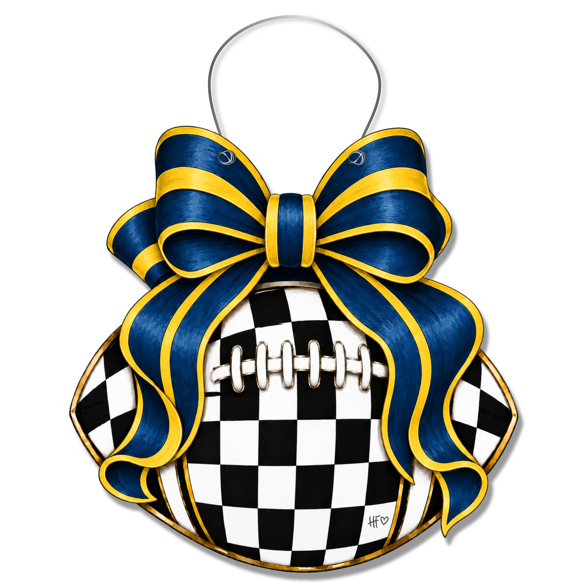 Checkered Football Bows Blue Yellow Door Hanger