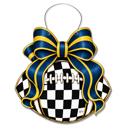 Checkered Football Bows Blue Yellow Door Hanger