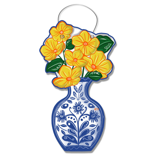 Carolina Chinoiserie Blue & White  Vase Bouquet Door Hanger