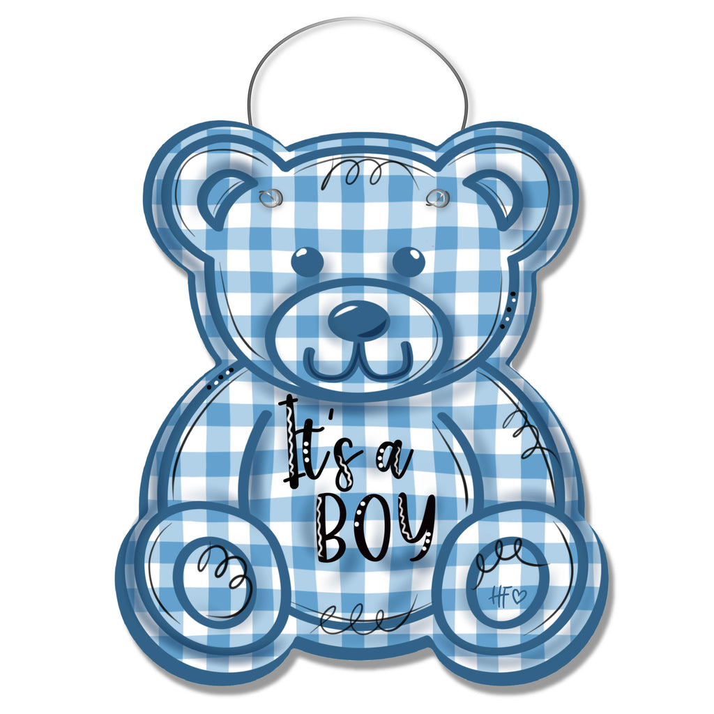 It's a Boy Gingham Teddy Bear Door Hanger