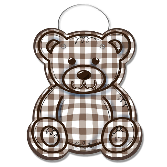 Soft Brown Gingham Teddy Bear Door Hanger