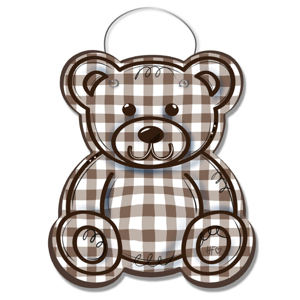 Soft Brown Gingham Teddy Bear Door Hanger