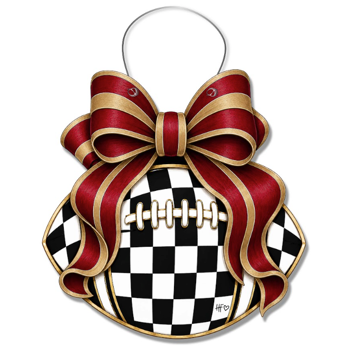 Checkered Football Bows Burgundy Gold Door Hanger