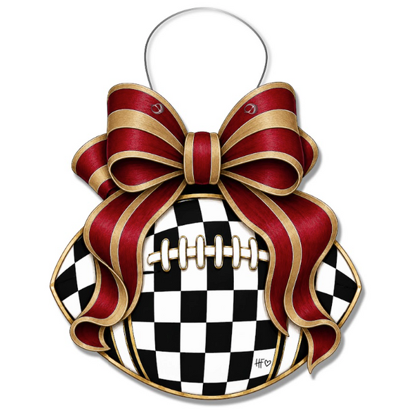Checkered Football Bows Burgundy Gold Door Hanger