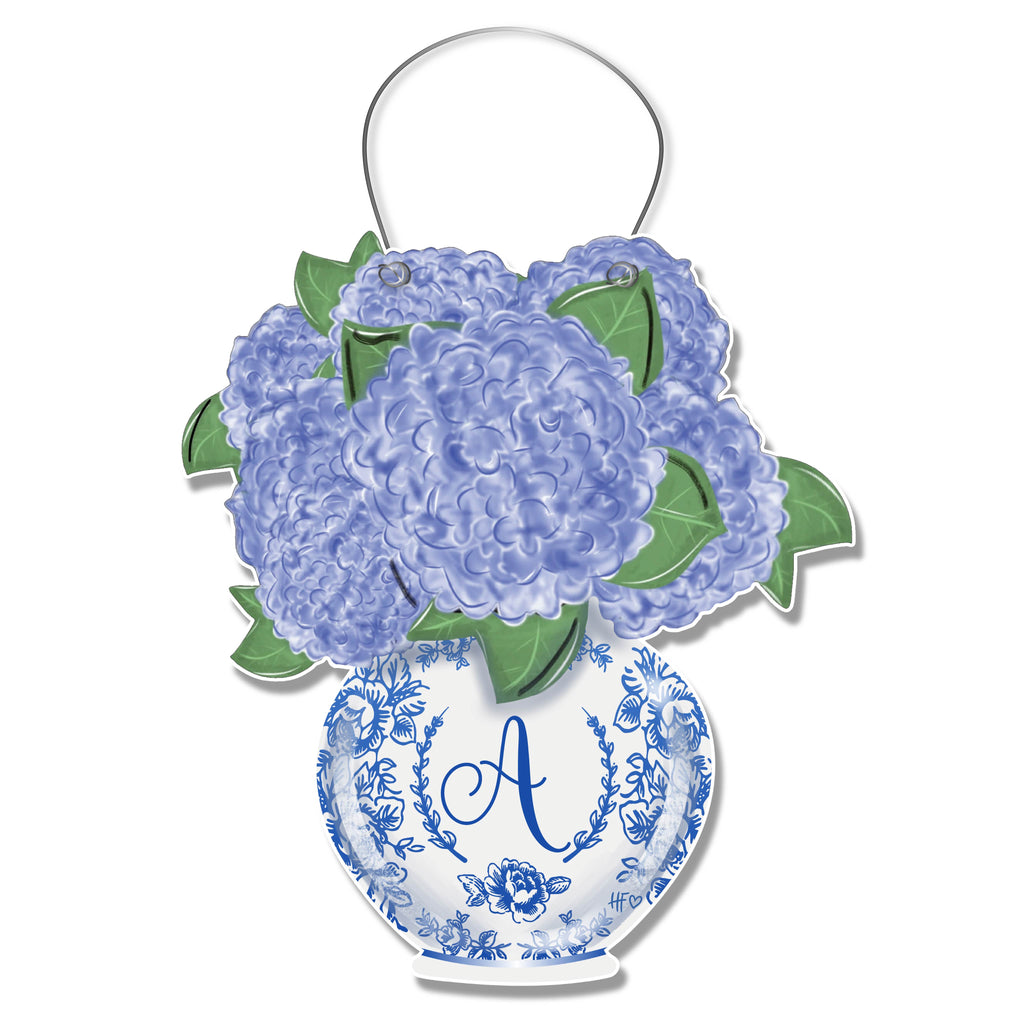 Custom Text Chinoiserie Hydrangea Vase Door Hanger