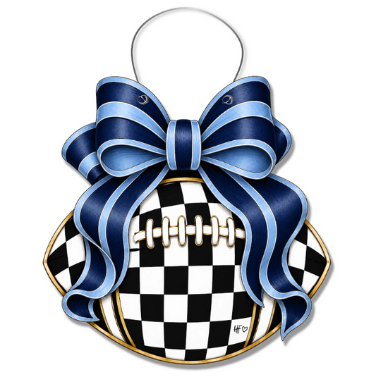 Checkered Football Bows Carolina Blue & Navy Door Hanger
