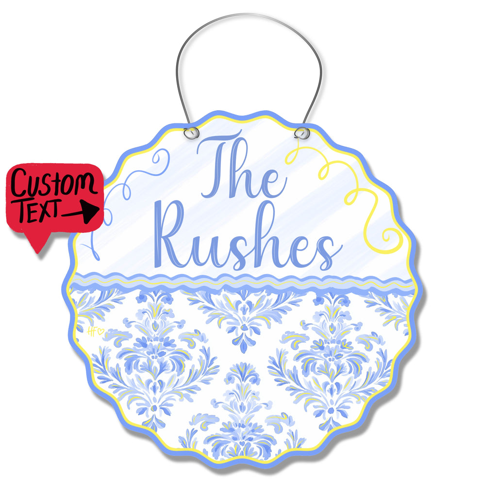 Customizable Text Blue Yellow Floral Door Hanger