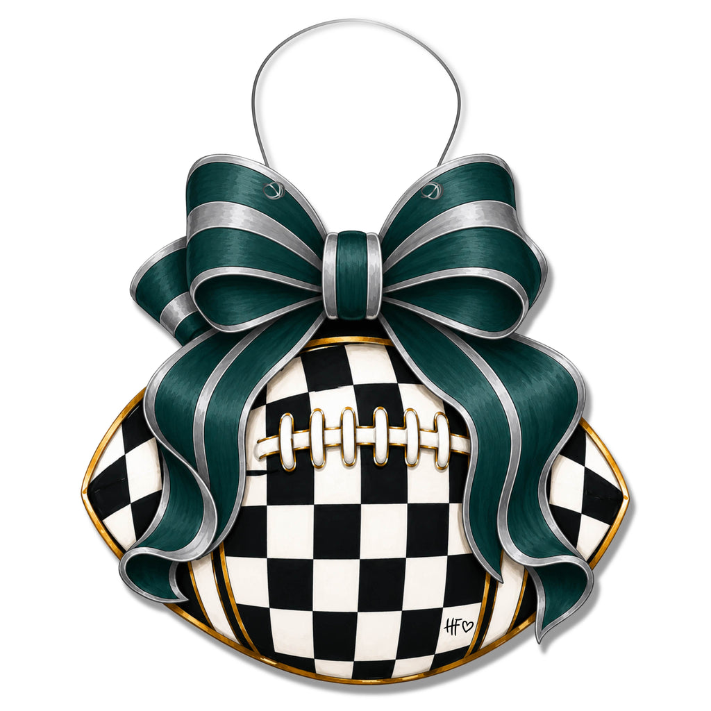 Checkered Football Bows Dark Green Silver Door Hanger