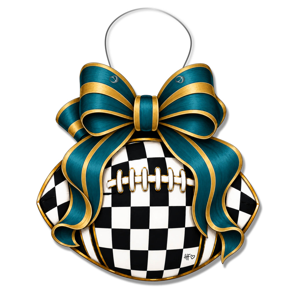 Checkered Football Bows Dark Teal Gold Door Hanger