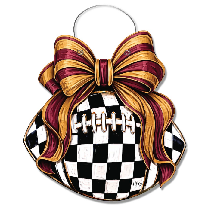 Checkered Football Bows Garnet Gold Door Hanger