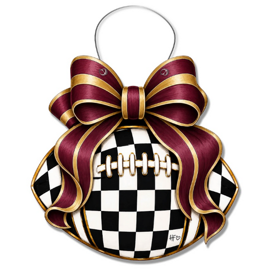 Checkered Football Bows Garnet Gold Door Hanger