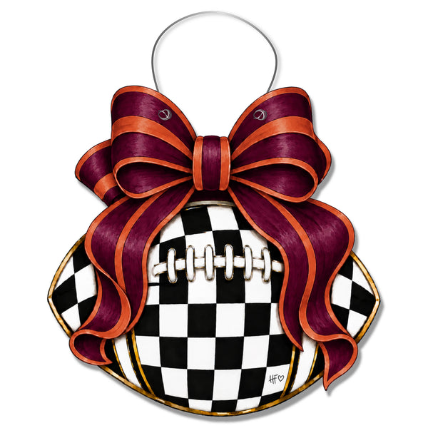 Checkered Football Bows Garnet & Orange Door Hanger