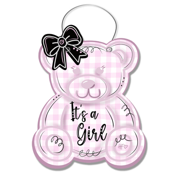 It's a Girl Pink Gingham Teddy Bear Door Hanger