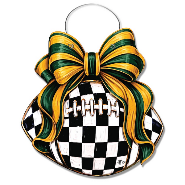 Checkered Football Bows Green Gold Door Hanger