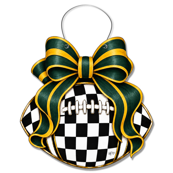 Checkered Football Bows Green Gold Door Hanger