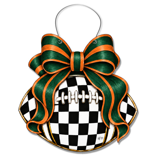 Checkered Football Bows Green Orange Door Hanger