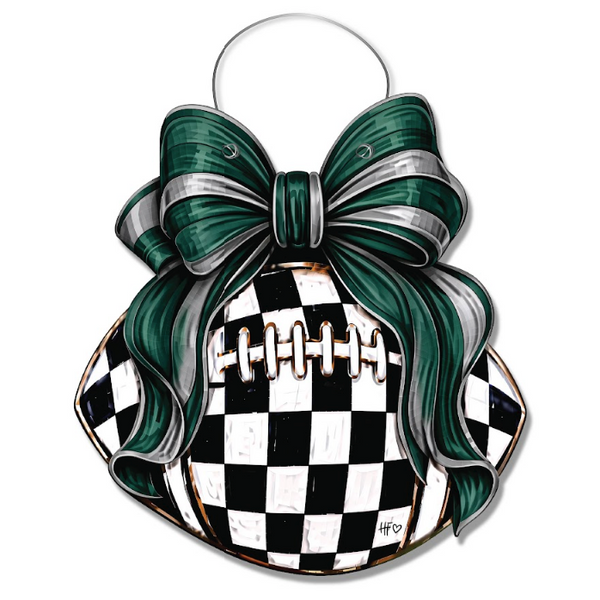 Checkered Football Bows Green Silver Door Hanger