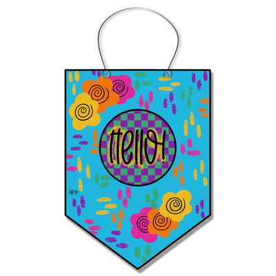 Blue Hello Flower Board Door Hanger